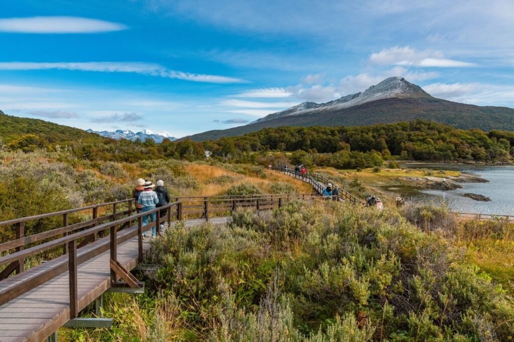 Visitantes caminando por una pasarela de madera entre arbustos y pastizales dorados, con una montaña de cumbre nevada y la bahía al fondo en Bahía Lapataia, Tierra del Fuego
