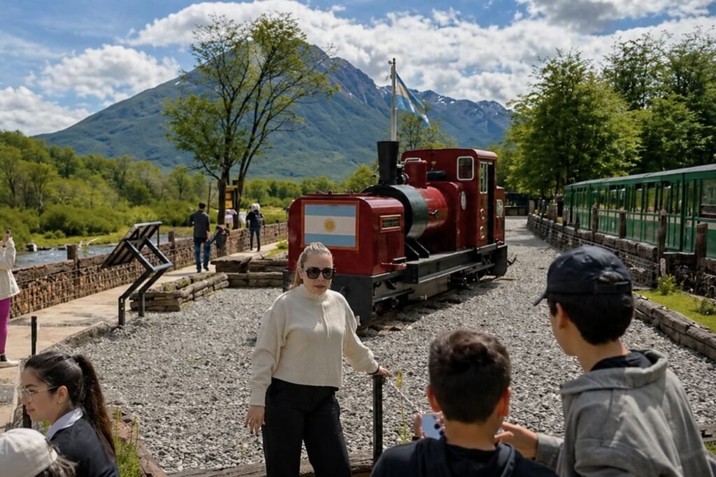 Turistas en la estación Cascada La Macarena junto a la locomotora roja del Tren del Fin del Mundo, Ushuaia
