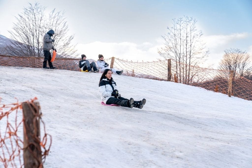 Una pareja sonriente con cascos posa sobre una moto de nieve amarilla en un paisaje invernal del Park Austral, Ushuaia.